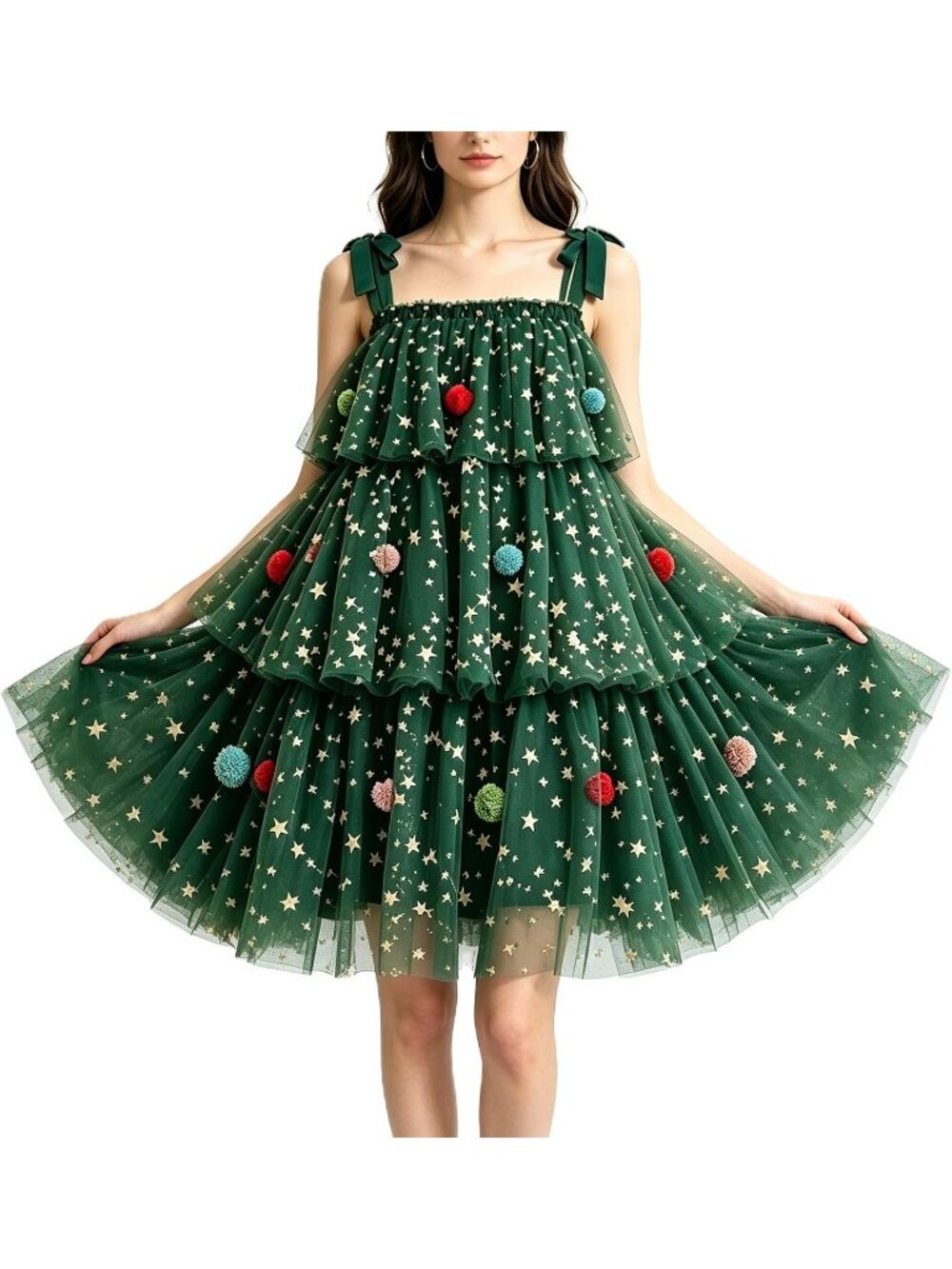Women's A Tie Up Christmas Tree Sleeveless Holiday Party Green Costume Dress